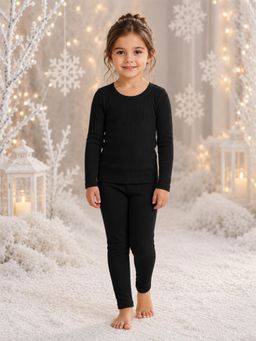 Kanvin - Girls Cotton Round Neck Thermal Set - Black