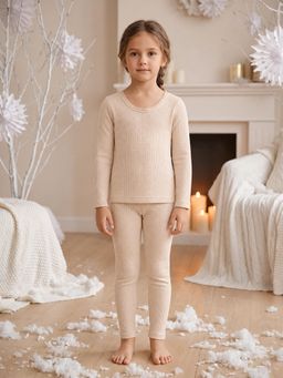 Kanvin - Girls Cotton Round Neck Thermal Set - Beige