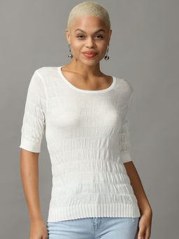 SHOWOFF - Womens Round Neck Fitted Solid White Regular Top