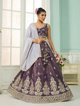 Panchhi - Purple Embroidered Semi Stitched Lehenga and Unstitched Choli & Dupatta