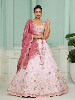 Panchhi - Pink Embroidered Semi Stitched Lehenga and Unstitched Choli & Dupatta