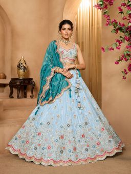 Panchhi - Turquoise Sequins Embroidered Semi Stitched Lehenga with Unstitched Choli & Dupatta