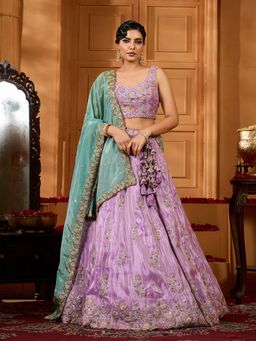 Panchhi - Lavender Satin Embroidered Semi Stitched Lehenga and Unstitched Choli & Dupatta