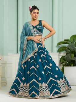 Panchhi - Teal Silk Embroidery Semi Stitched Lehenga and Unstitched Choli & Dupatta