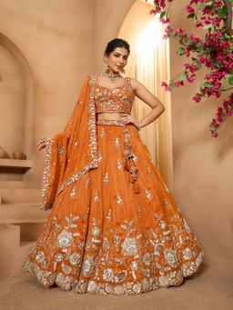 Panchhi - Orange Embroidered Semi Stitched Lehenga and Unstitched Choli & Dupatta