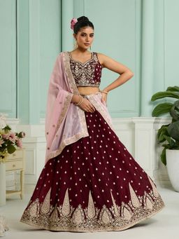 Panchhi - Maroon Organza Embroidered Semi Stitched Lehenga and Unstitched Choli & Dupatta
