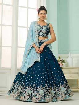 Panchhi - Teal Georgette Embroidered Semi Stitched Lehenga and Unstitched Choli & Dupatta