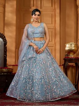 Panchhi - Grey Net Sequins Embroidery Semi Stitched Lehenga and Unstitched Choli & Dupatta