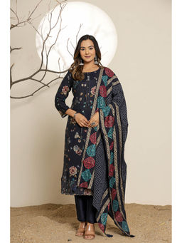 KAFTANIZE - Navy Blue Floral Muslin Kurta and Trousers with Dupatta (Set of 3)