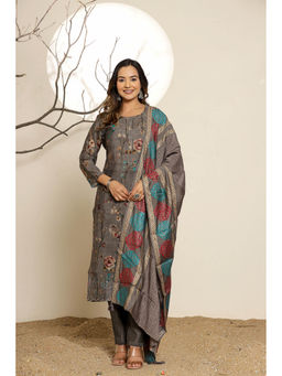 KAFTANIZE - Ash Grey Floral Printed Muslin Kurta and Trousers with Dupatta (Set of 3)