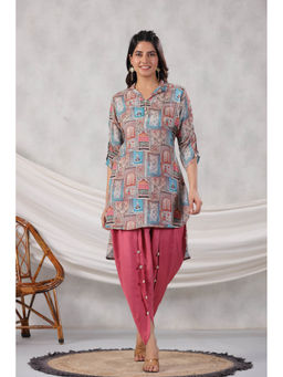 KAFTANIZE - Jharokha Collage Printed High Low Shirt Muslin Tunic with Tulip Dhoti (Set of 2)