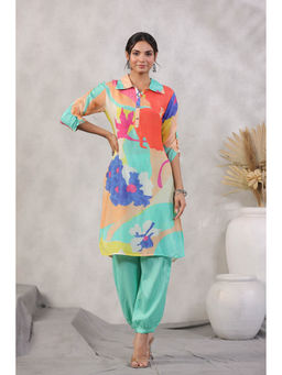 KAFTANIZE - Sea Green Printed Shirt Style Kurta with Indowestern Salwar (Set of 2)