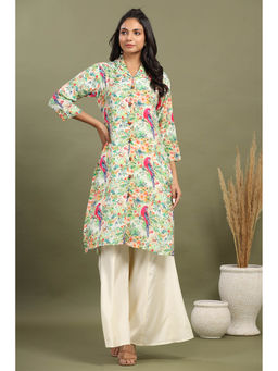 KAFTANIZE - Off White Scenic Birds Printed Kurta with Flared Pants (Set of 2)