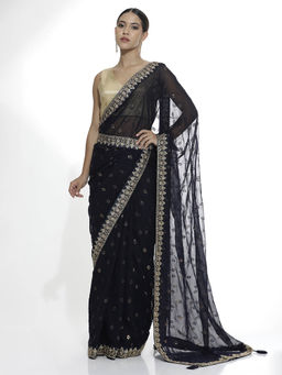 Jaipur Kurti - Pure Georgette Sequins Blue Saree with Belt and Unstitched Blouse