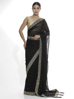 Jaipur Kurti - Pure Georgette Sequins Black Saree with Belt and Unstitched Blouse