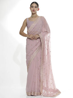 Jaipur Kurti - Pure Georgette Sequins Pink Saree with Belt and Unstitched Blouse