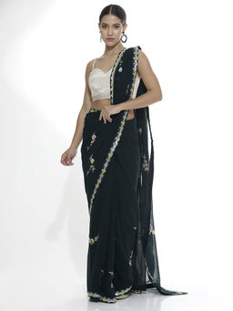 Jaipur Kurti - Black Pure Georgette Sequins Work Party Wear Saree with Unstitched Blouse