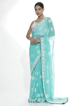 Jaipur Kurti - Traditional Sea Blue Embroidered Pure Georgette Saree with Unstitched Blouse
