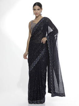 Jaipur Kurti - Party Wear Sequins Work Georgette Navy Blue Saree with Unstitched Blouse