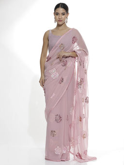 Jaipur Kurti - Pink Party Wear Sequins Work Georgette Saree with Unstitched Blouse