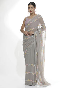 Jaipur Kurti - Pure Georgette Sequins Work Party Grey Saree with Unstitched Blouse