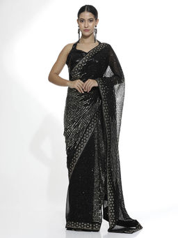 Jaipur Kurti - Pure Georgette Black Sequins Party Wear Saree with Unstitched Blouse