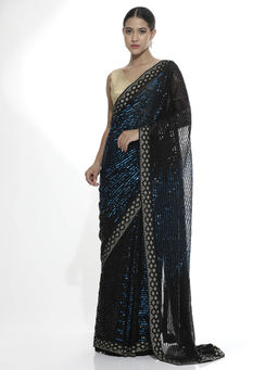 Jaipur Kurti - Pure Georgette Blue Sequins Party Wear Saree with Unstitched Blouse