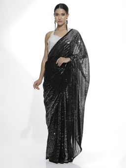 Jaipur Kurti - Pure Georgette Heavy Sequins Work Black Saree with Unstitched Blouse