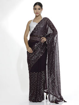 Jaipur Kurti - Pure Georgette Sequins Wine Party Wear Saree with Belt and Unstitched Blouse
