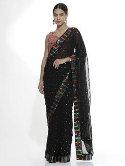 Jaipur Kurti - Party Wear Sequins Work Black Georgette Saree with Unstitched Blouse