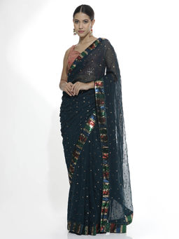 Jaipur Kurti - Party Wear Sequins Work Teal Georgette Saree with Unstitched Blouse