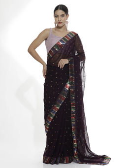 Jaipur Kurti - Party Wear Sequins Work Wine Georgette Saree with Unstitched Blouse