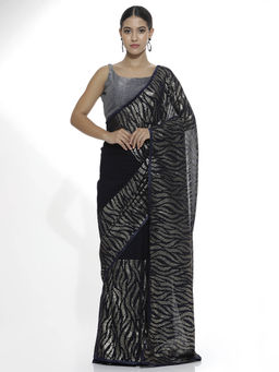 Jaipur Kurti - Pure Georgette Sequins Party Wear Navy Blue Saree with Unstitched Blouse