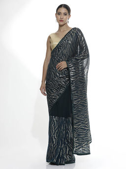 Jaipur Kurti - Pure Georgette Sequins Party Wear Dark Green Saree with Unstitched Blouse