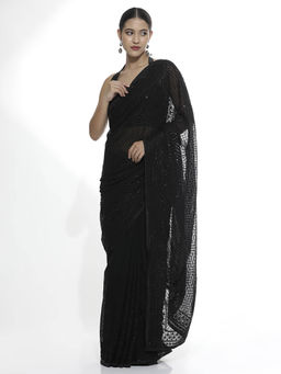 Jaipur Kurti - Pure Georgette Black Sequins Saree with Unstitched Blouse