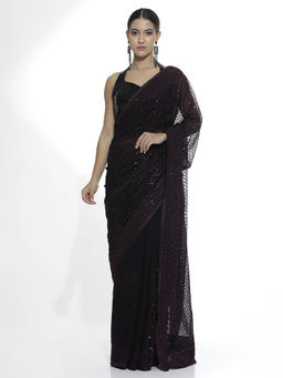 Jaipur Kurti - Pure Georgette Wine Sequins Saree with Unstitched Blouse