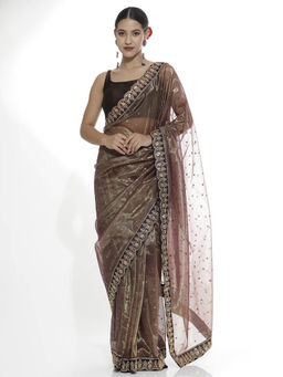 Jaipur Kurti - Brown Sequins Embroidered Net Party Wear Saree with Unstitched Blouse