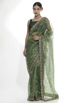 Jaipur Kurti - Green Sequins Embroidered Net Party Wear Saree with Unstitched Blouse