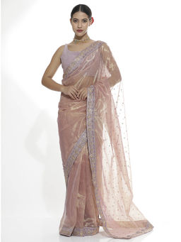 Jaipur Kurti - Pink Sequins Embroidered Net Party Wear Saree with Unstitched Blouse