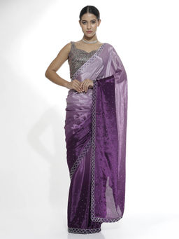 Jaipur Kurti - Satin Siroski Work Party Wear Lavender Saree with Unstitched Blouse