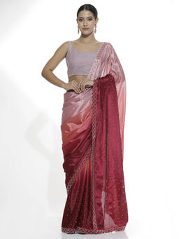 Jaipur Kurti - Satin Siroski Work Party Wear Pink Saree with Unstitched Blouse