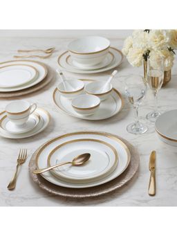 HomeTown - Amour Bone China Dinner Set Of 33 Pieces In Real Gold Plating & White Colour