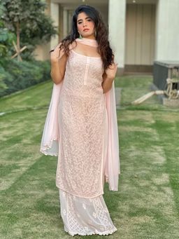 Label Aishwaryrika - Beige Dahlia Strappy Kurta (Set of 3)