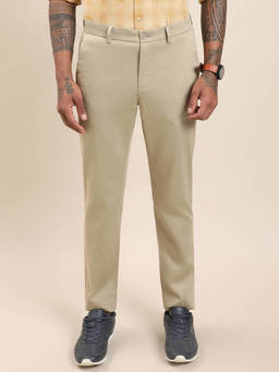Turtle - Cotton Stretch Slim Fit Beige Solid Casual Trouser