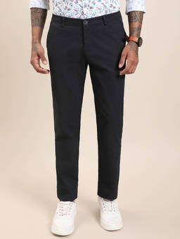 Turtle - Cotton Stretch Slim Fit Navy Blue Solid Casual Trouser