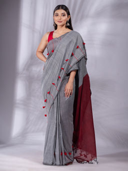 CHARUKRITI - Grey and Maroon Pure Cotton Handwoven Soft Saree with Unstitched Blouse