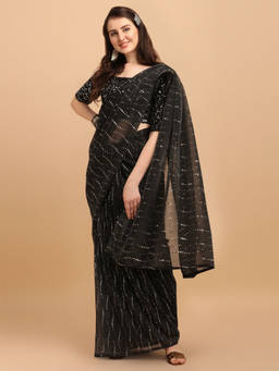 Amrutam Fab - Womens Embellished Net Black Saree With Sequences Unstitched Blouse Piece