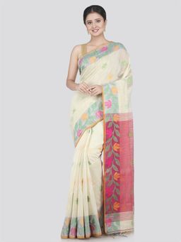 PinkLoom - Women's Cotton Blend Saree with Unstitched Blouse Piece, Beige