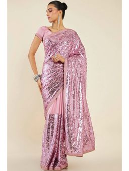 Soch - Women Pink Crepe Embellished/Sequined Saree with Unstitched Blouse