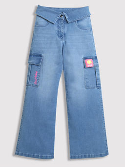 TINY GIRL - Cotton Solid Jeans Detailed with Brand Sticker- Light Blue